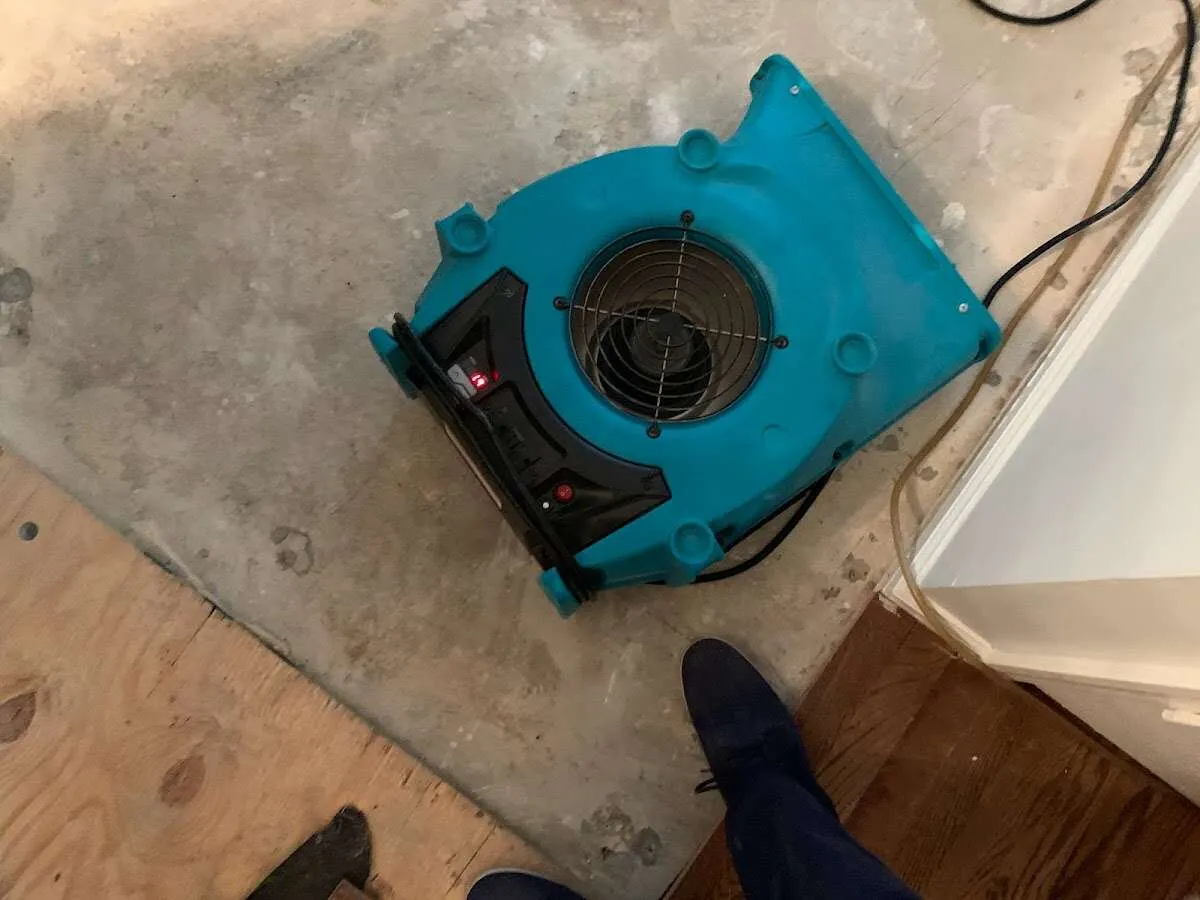 Air mover drying subfloor during Commercial Water Damage Restoration in Emerson